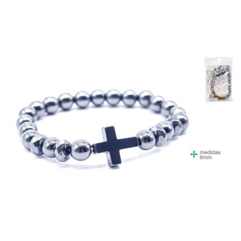 Pulseira Pedra Hematite Cruz 8Mm