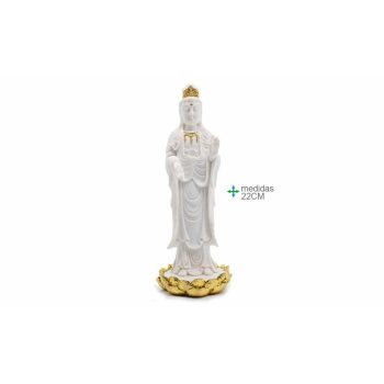 Kuan Yin Resina Branca Ouro 30Cm