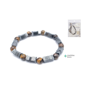 Pulseira Olho Tigre e Hematite 8mm